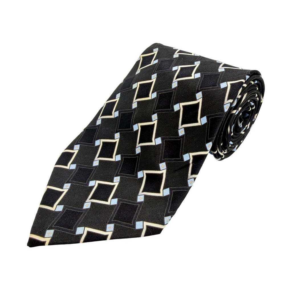 DiMoggio Gold Silk Geometric Diamond Black Silver Blue Mens Tie 61.5"L